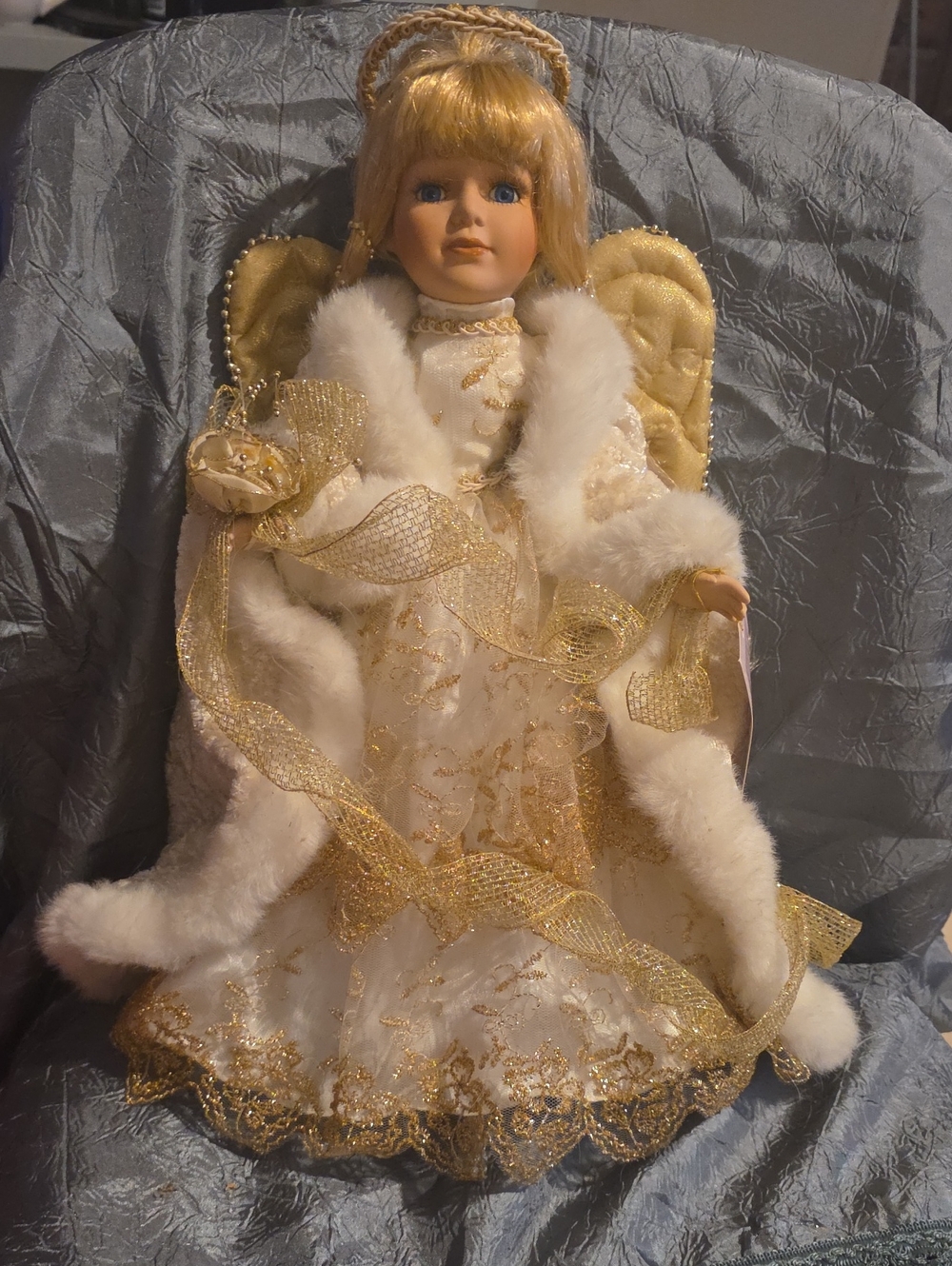 Gold & White Angel Doll with Fur-Trimmed Gown - Classic Holiday Decor